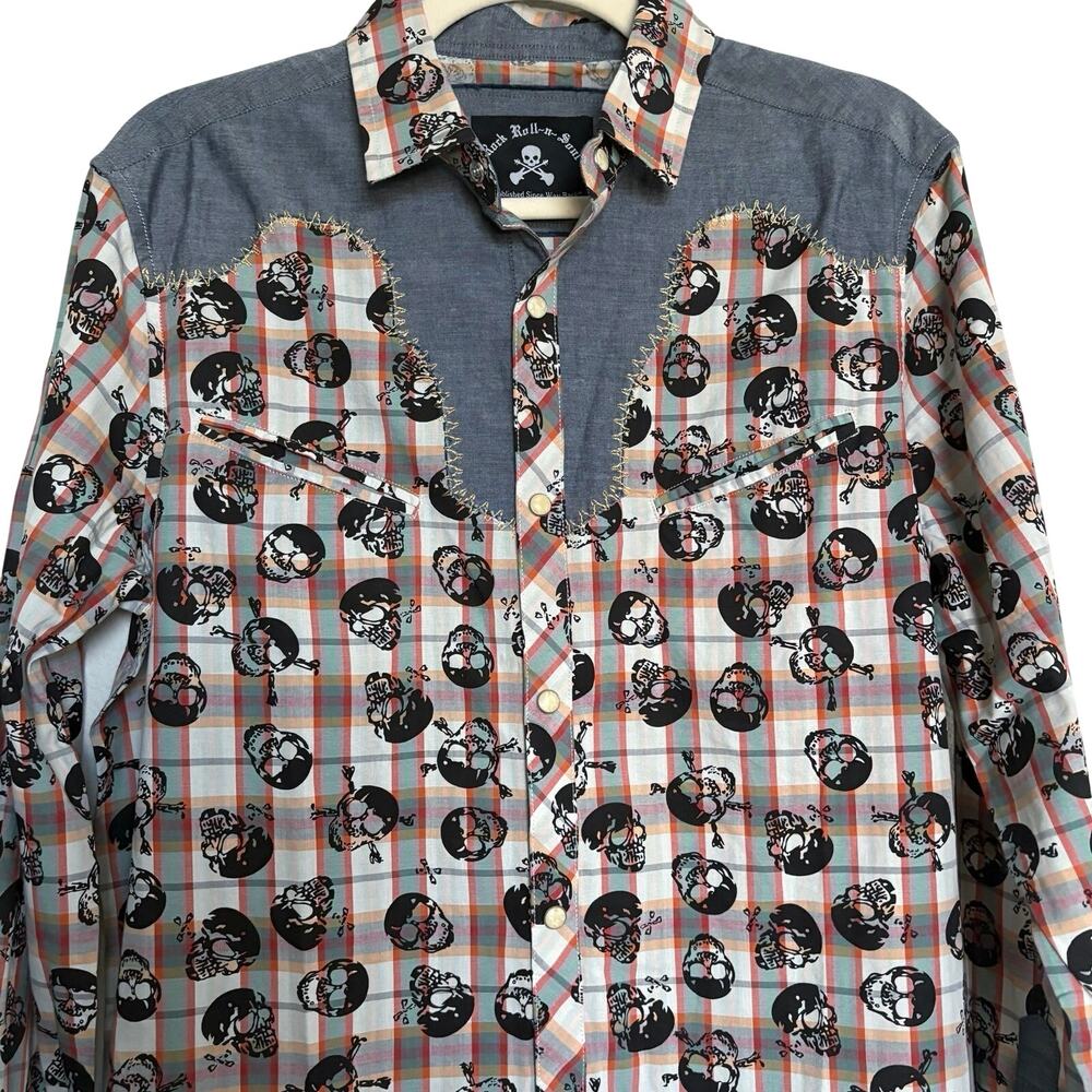 Rock Roll n Soul Skull Plaid Western PearlSnap Shirt Men S Halloween Rockabilly